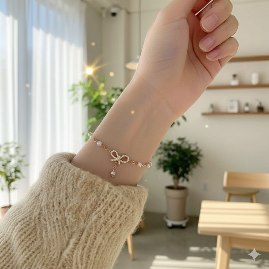 Dainty Pearl Chain Bracelet with CZ Bow Charm