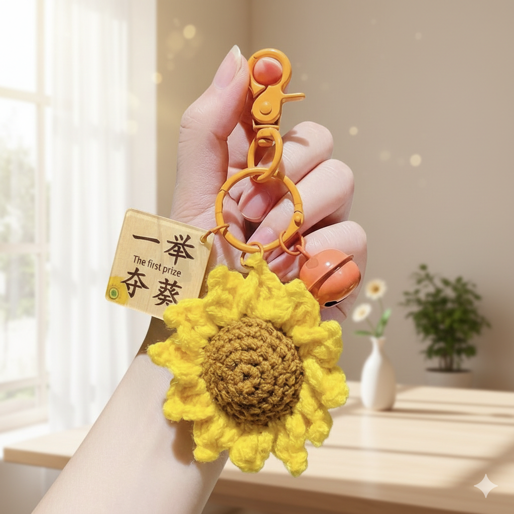 Handmade Crochet Sunflower Keychain with Orange Bell & Wooden Tag | Cute Cottagecore Bag Charm Accessory