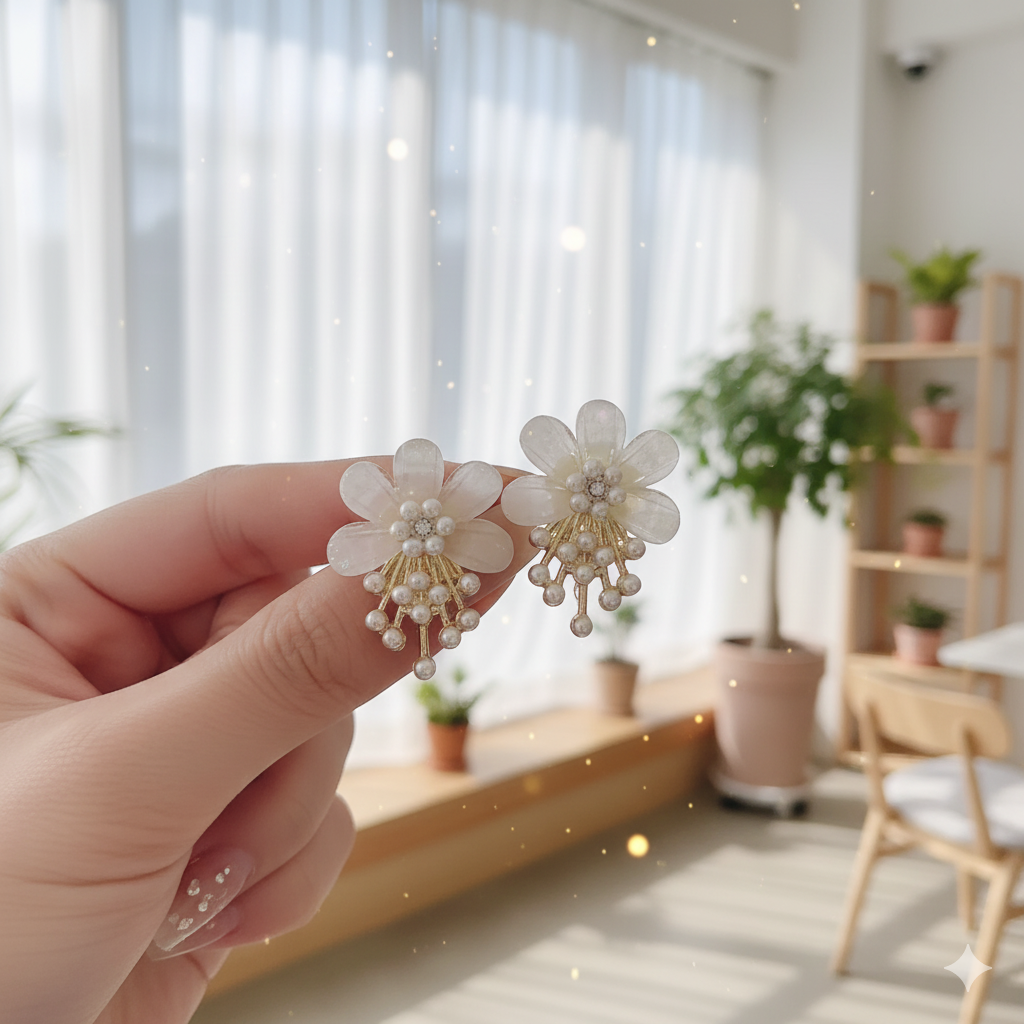 Elegant Resin Flower Stud Earrings with Pearl Dangles