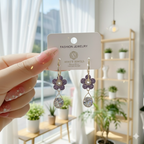 Purple Crystal Flower Drop Earrings - Gold Tone Dangle