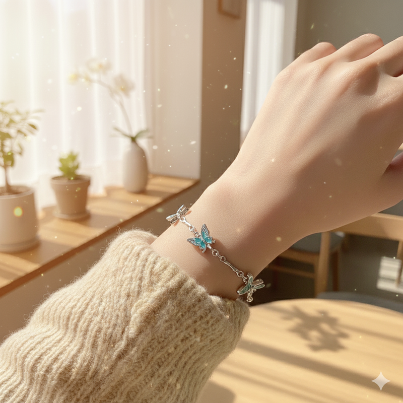 Elegant Blue Enamel Butterfly Chain Bracelet