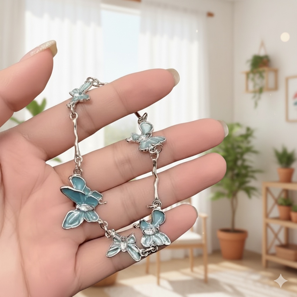 Elegant Blue Enamel Butterfly Chain Bracelet