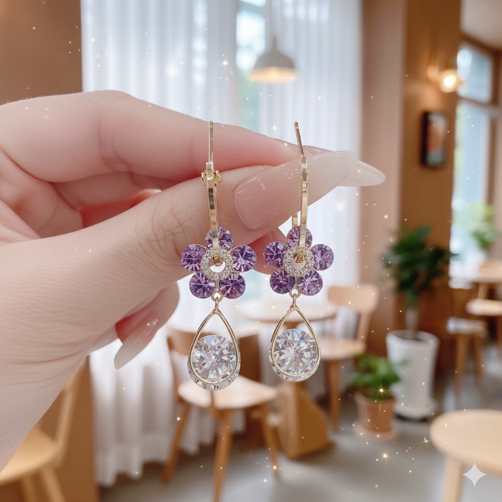 Purple Crystal Flower Drop Earrings - Gold Tone Dangle