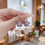 Purple Crystal Flower Drop Earrings - Gold Tone Dangle