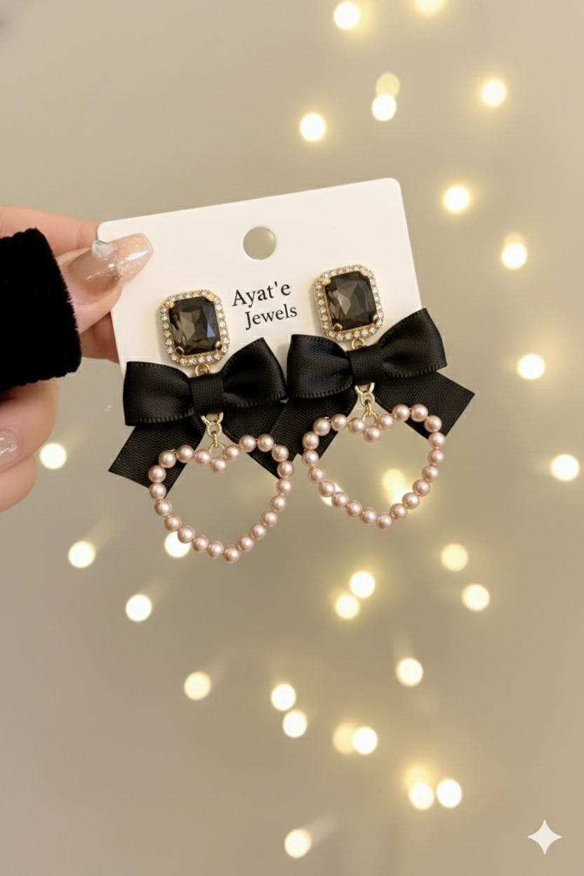 Ayat’e Jewels Black Ribbon Bow Earrings with Pearl Heart Dangles | Coquette Aesthetic Statement Jewelry