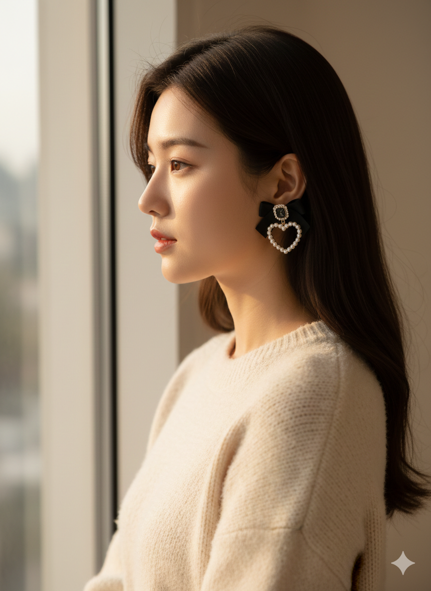 Ayat’e Jewels Black Ribbon Bow Earrings with Pearl Heart Dangles | Coquette Aesthetic Statement Jewelry