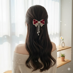 Elegant Red Velvet Bow Hair Clip with Pearl Tassels