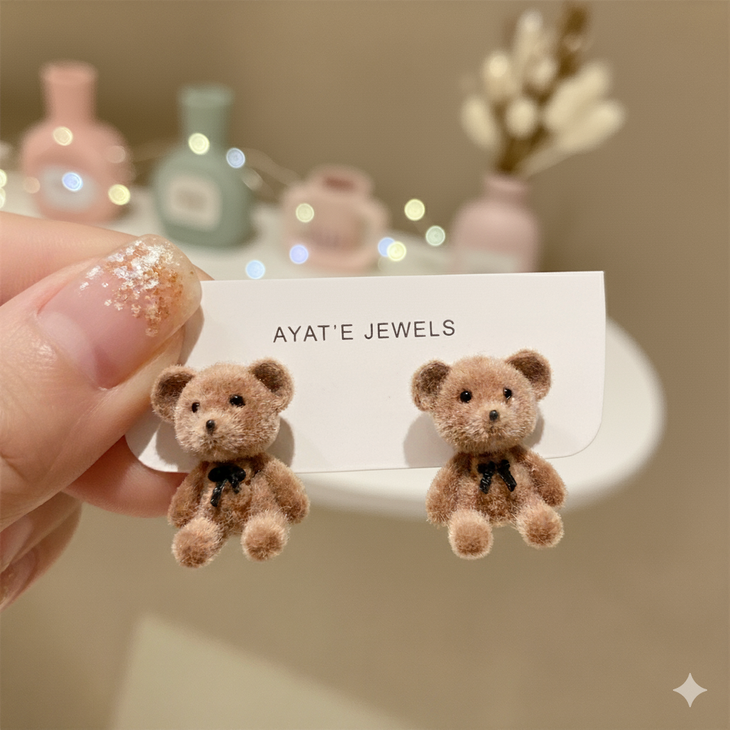 Flocked Teddy Bear Stud Earrings with Red Bow (Colour May Vary)