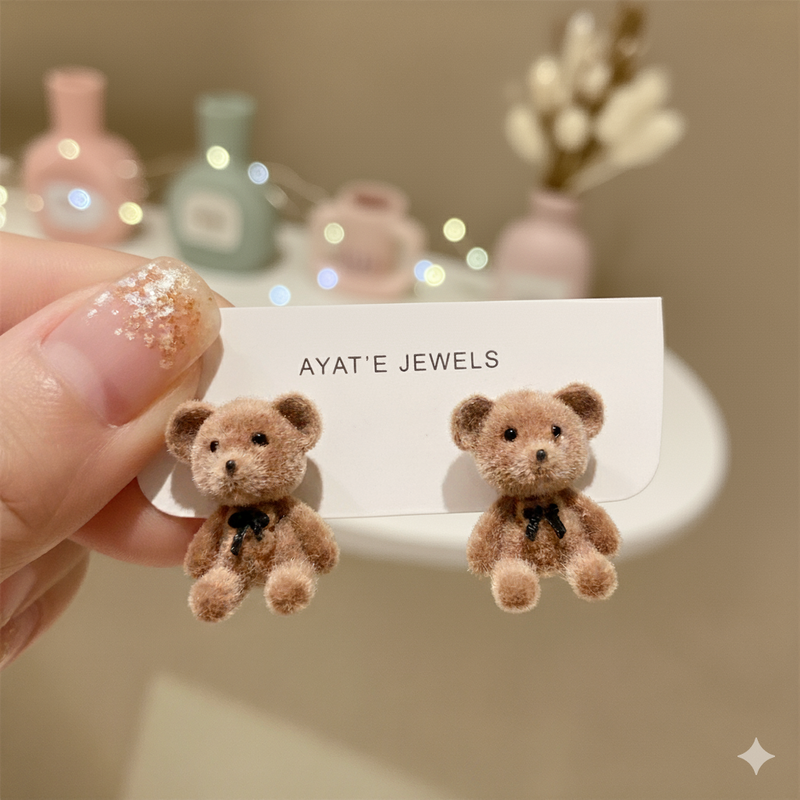 Flocked Teddy Bear Stud Earrings with Red Bow (Colour May Vary)