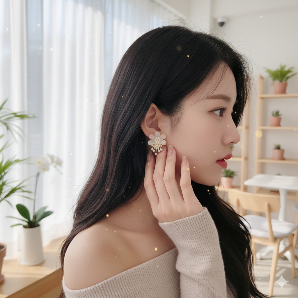 Elegant Resin Flower Stud Earrings with Pearl Dangles