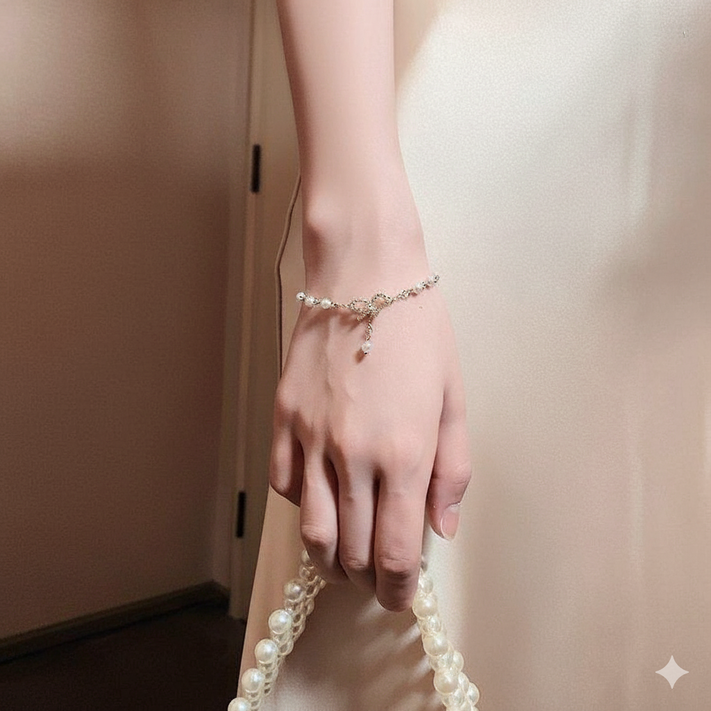 Dainty Pearl Chain Bracelet with CZ Bow Charm