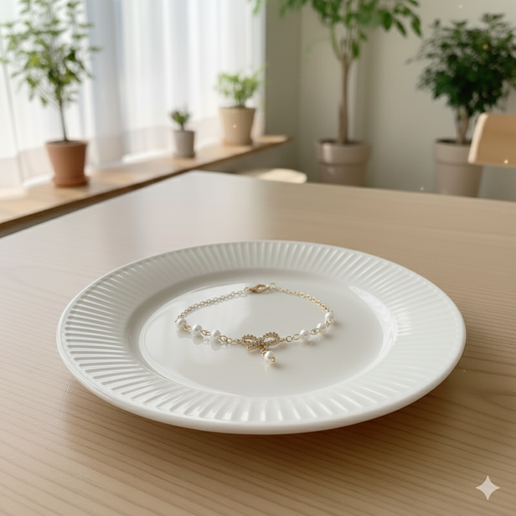 Dainty Pearl Chain Bracelet with CZ Bow Charm