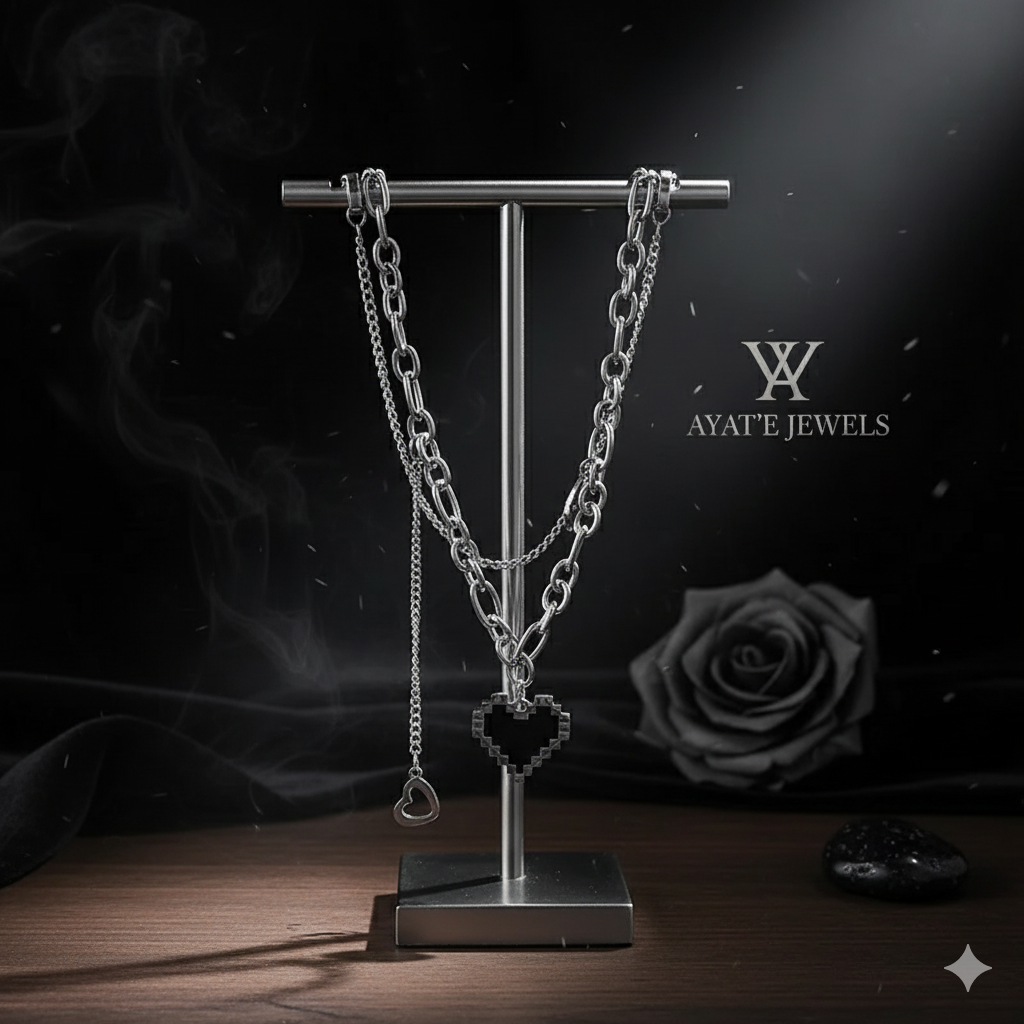 Pixel Heart Layered Necklace - Grunge Y2K Chain Choker