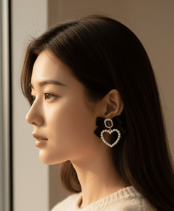 Ayat’e Jewels Black Ribbon Bow Earrings with Pearl Heart Dangles | Coquette Aesthetic Statement Jewelry - Ayat'e Jewels