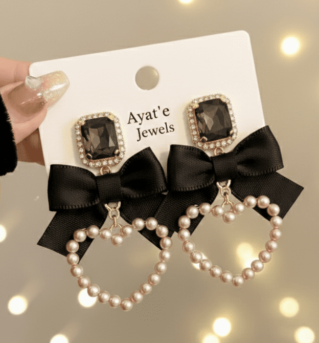 Ayat’e Jewels Black Ribbon Bow Earrings with Pearl Heart Dangles | Coquette Aesthetic Statement Jewelry - Ayat'e Jewels