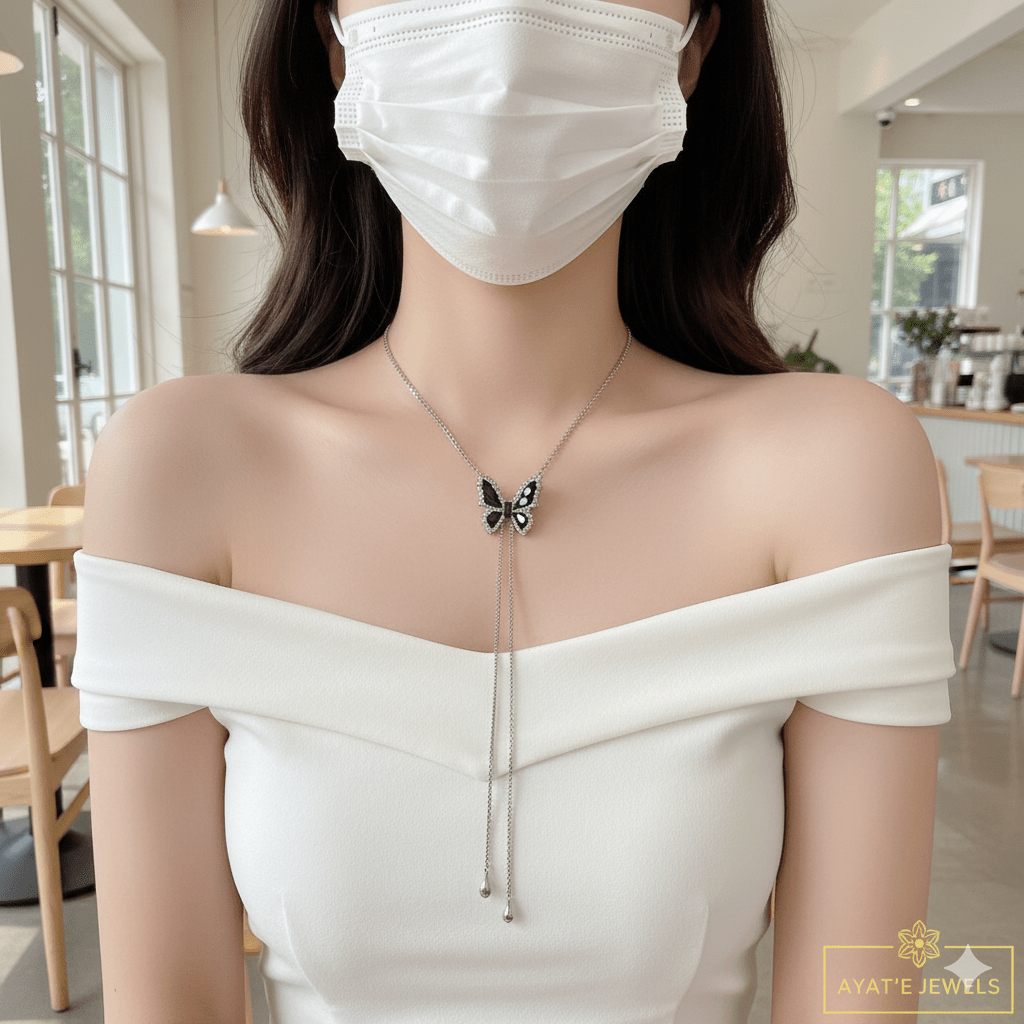 Black & White Butterfly Lariat Necklace - Ayat'e Jewels