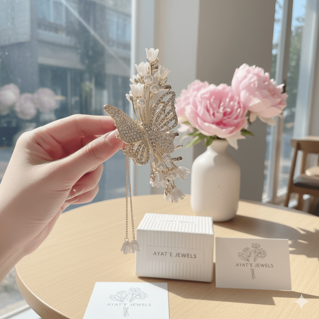 Butterfly & Lily Pearl Hair Claw Clip - Ayat'e Jewels