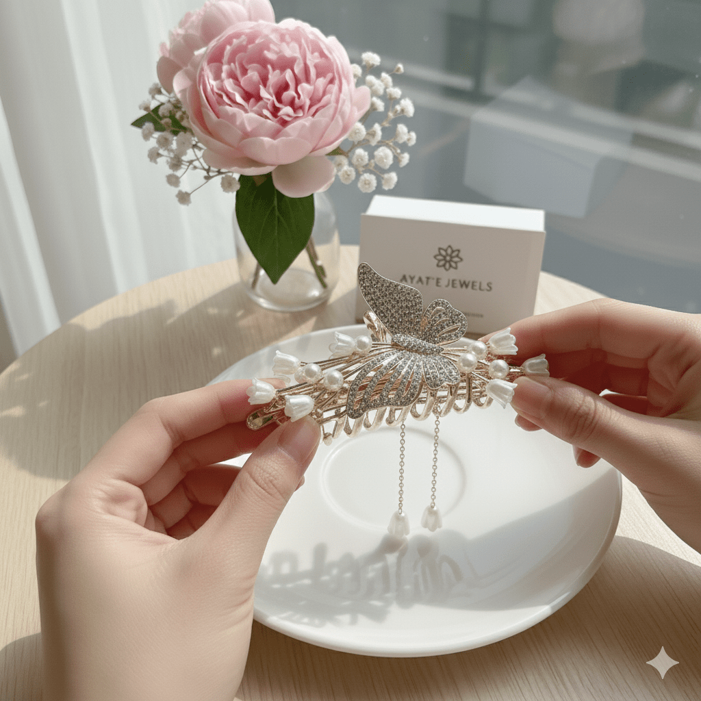 Butterfly & Lily Pearl Hair Claw Clip - Ayat'e Jewels