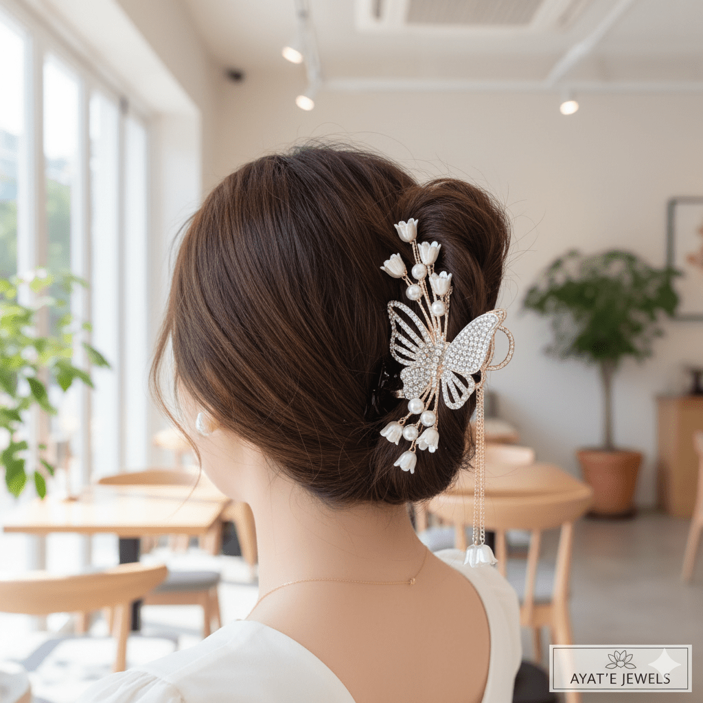 Butterfly & Lily Pearl Hair Claw Clip - Ayat'e Jewels