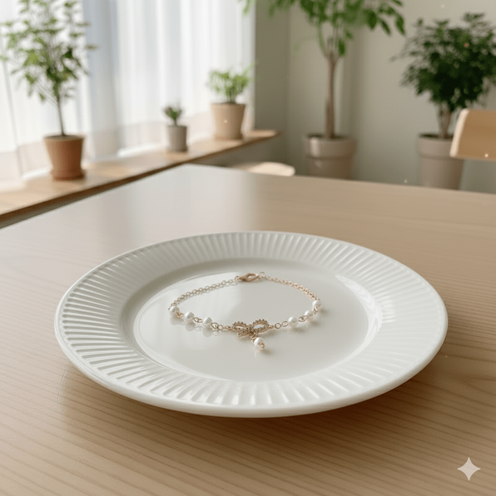 Dainty Pearl Chain Bracelet with CZ Bow Charm - Ayat'e Jewels