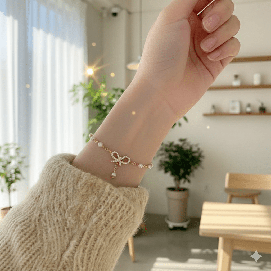 Dainty Pearl Chain Bracelet with CZ Bow Charm - Ayat'e Jewels