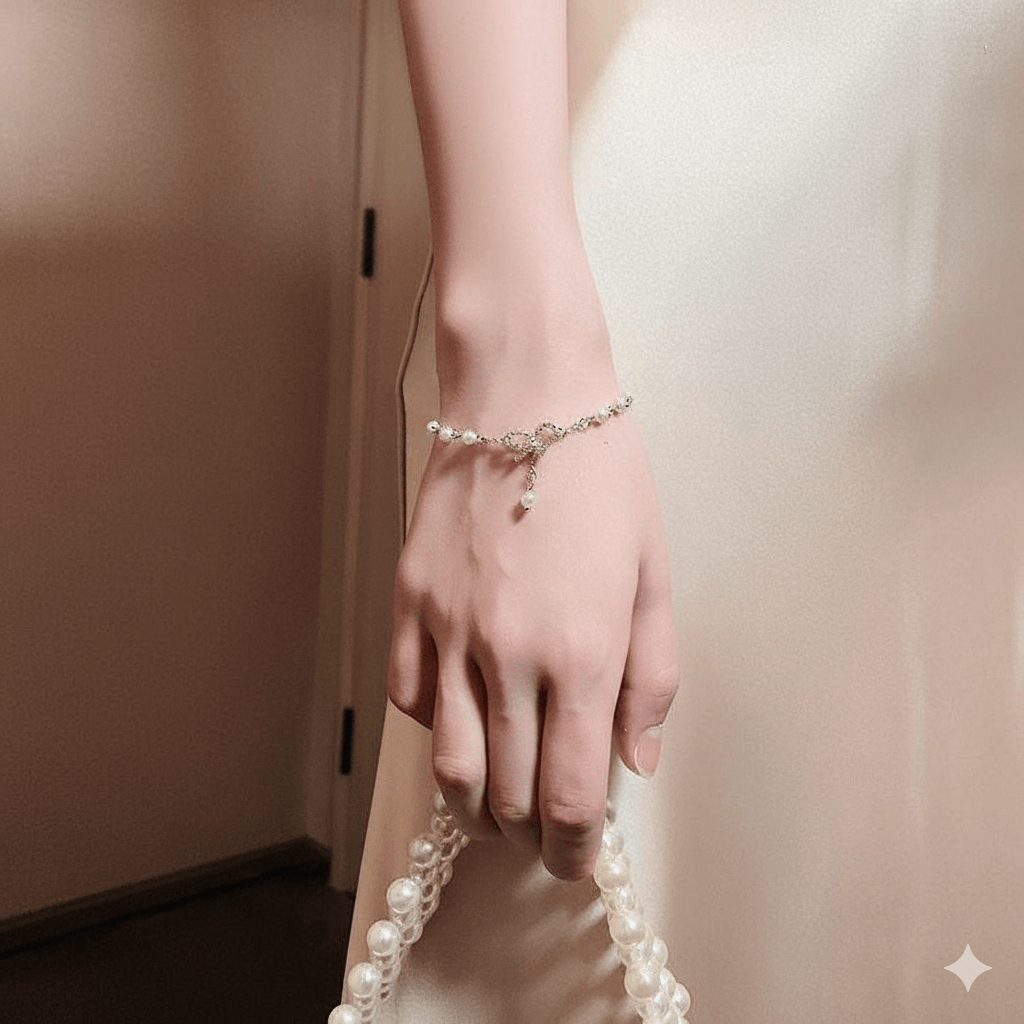 Dainty Pearl Chain Bracelet with CZ Bow Charm - Ayat'e Jewels