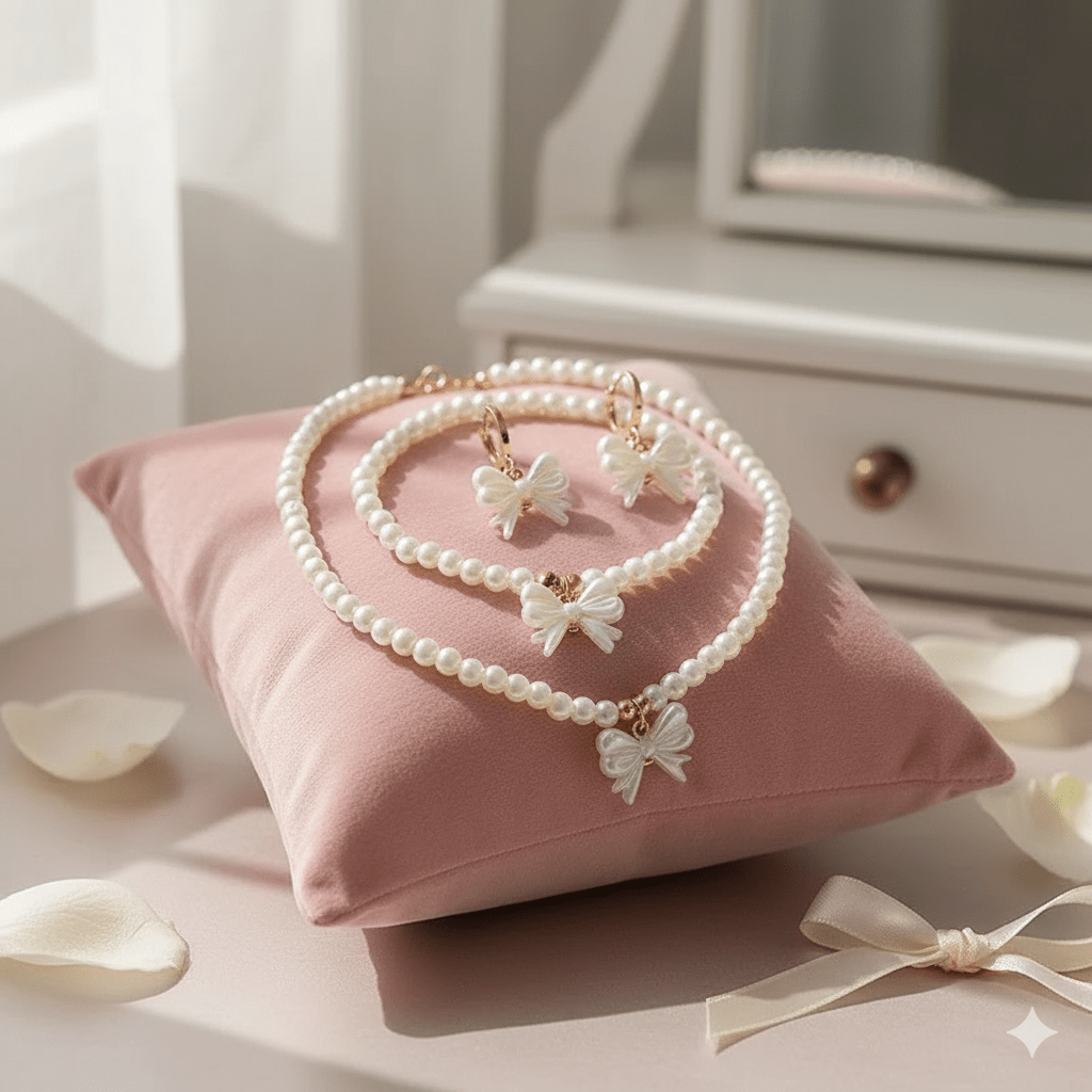 Elegant Kids Pearl Necklace & Earring Set - Gold Bow Accent, Hypoallergenic - Ayat'e Jewels