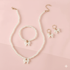 Elegant Kids Pearl Necklace & Earring Set - Gold Bow Accent, Hypoallergenic - Ayat'e Jewels