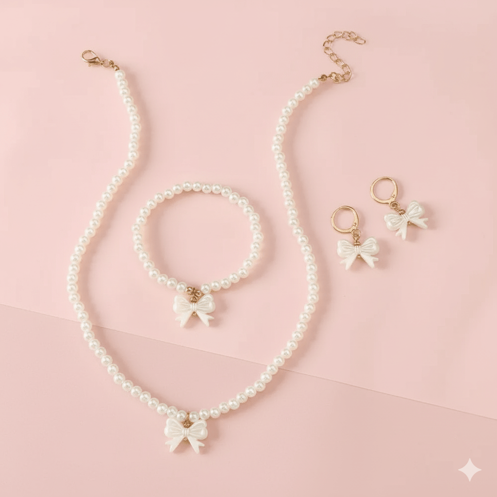 Elegant Kids Pearl Necklace & Earring Set - Gold Bow Accent, Hypoallergenic - Ayat'e Jewels
