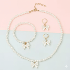 Elegant Kids Pearl Necklace & Earring Set - Gold Bow Accent, Hypoallergenic - Ayat'e Jewels