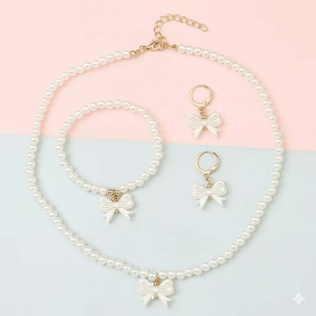 Elegant Kids Pearl Necklace & Earring Set - Gold Bow Accent, Hypoallergenic - Ayat'e Jewels