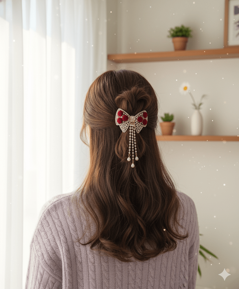 Elegant Red Velvet Bow Hair Clip with Pearl Tassels - Ayat'e Jewels