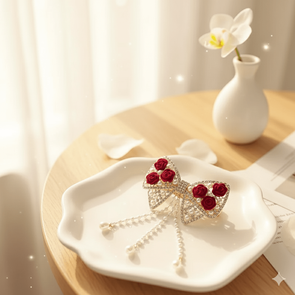 Elegant Red Velvet Bow Hair Clip with Pearl Tassels - Ayat'e Jewels