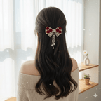 Elegant Red Velvet Bow Hair Clip with Pearl Tassels - Ayat'e Jewels