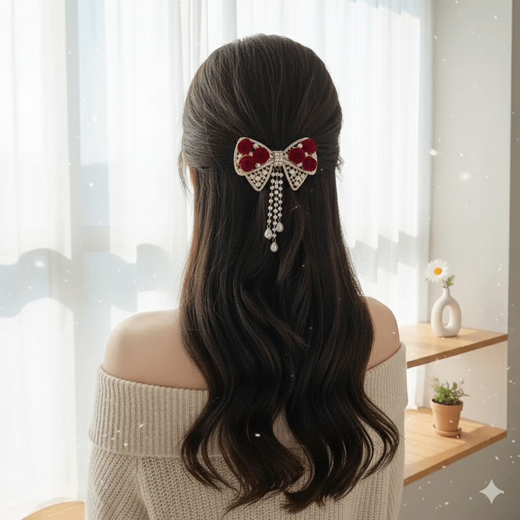 Elegant Red Velvet Bow Hair Clip with Pearl Tassels - Ayat'e Jewels