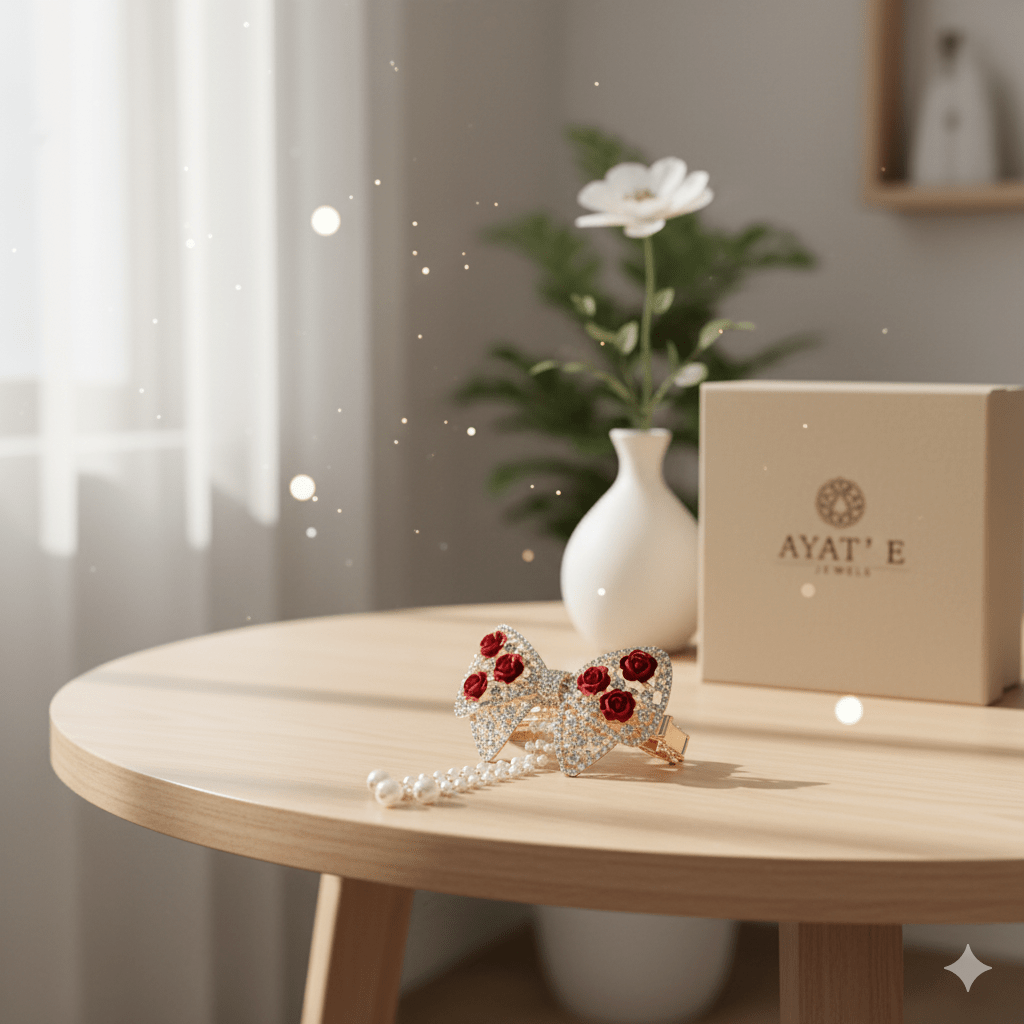 Elegant Red Velvet Bow Hair Clip with Pearl Tassels - Ayat'e Jewels