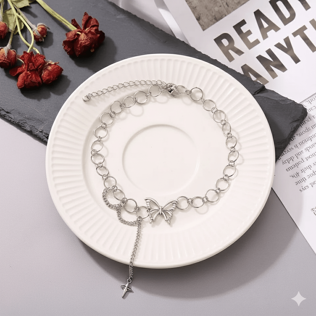 Fairycore Butterfly Chain Choker Necklace - E - Girl Jewelry - Ayat'e Jewels
