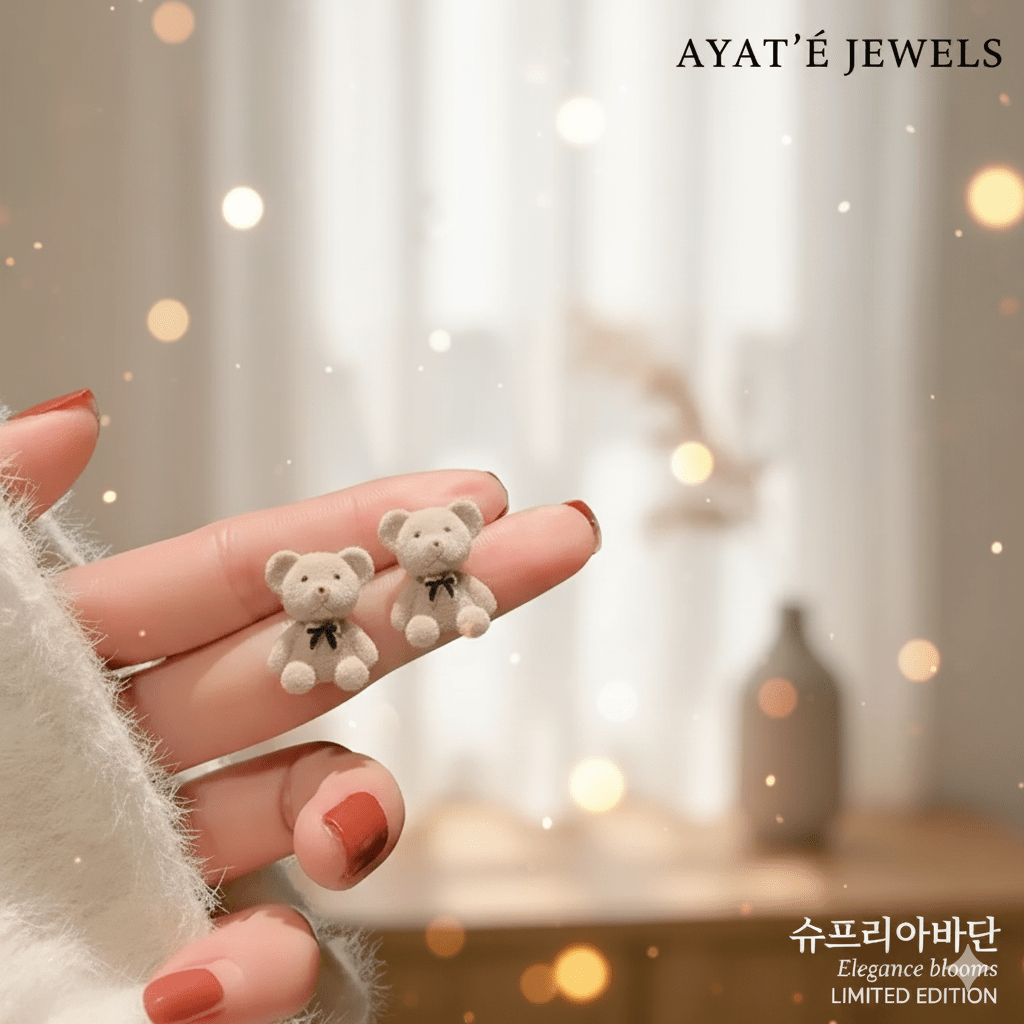 Flocked Teddy Bear Stud Earrings with Red Bow - Ayat'e Jewels