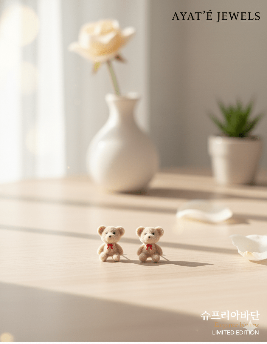 Flocked Teddy Bear Stud Earrings with Red Bow - Ayat'e Jewels