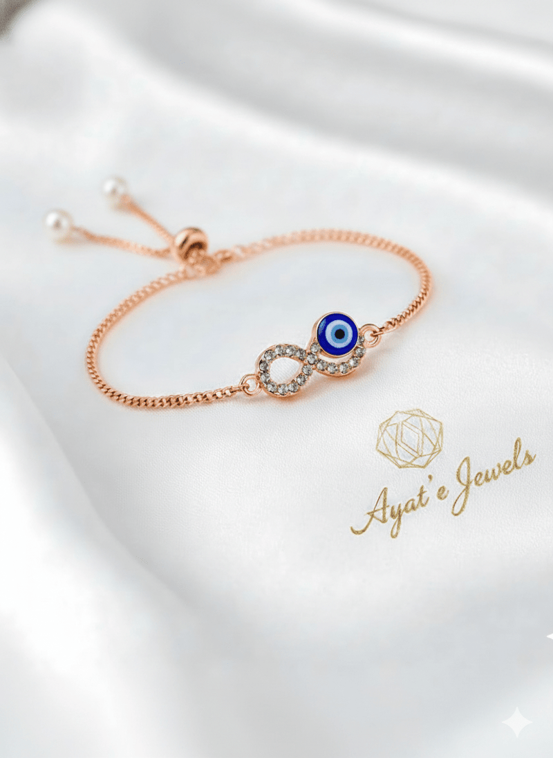 Gold Plated Evil Eye Infinity Bracelet with Crystals - Adjustable Intimate Bolo Bracelet - Ayat'e Jewels