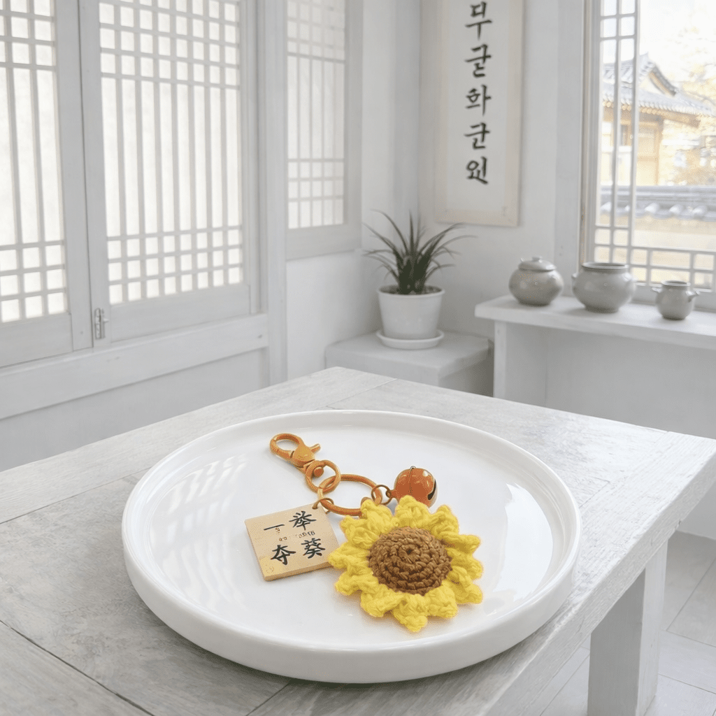 Handmade Crochet Sunflower Keychain with Orange Bell & Wooden Tag | Cute Cottagecore Bag Charm Accessory - Ayat'e Jewels