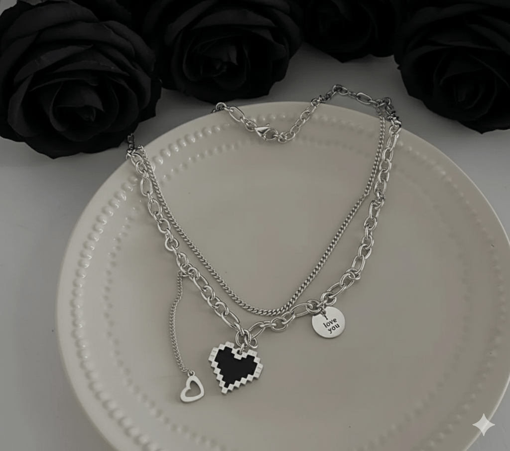 Pixel Heart Layered Necklace - Grunge Y2K Chain Choker - Ayat'e Jewels