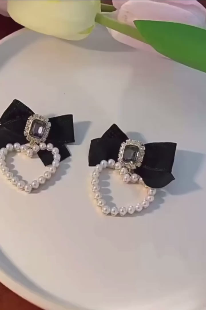 Ayat’e Jewels Black Ribbon Bow Earrings with Pearl Heart Dangles | Coquette Aesthetic Statement Jewelry