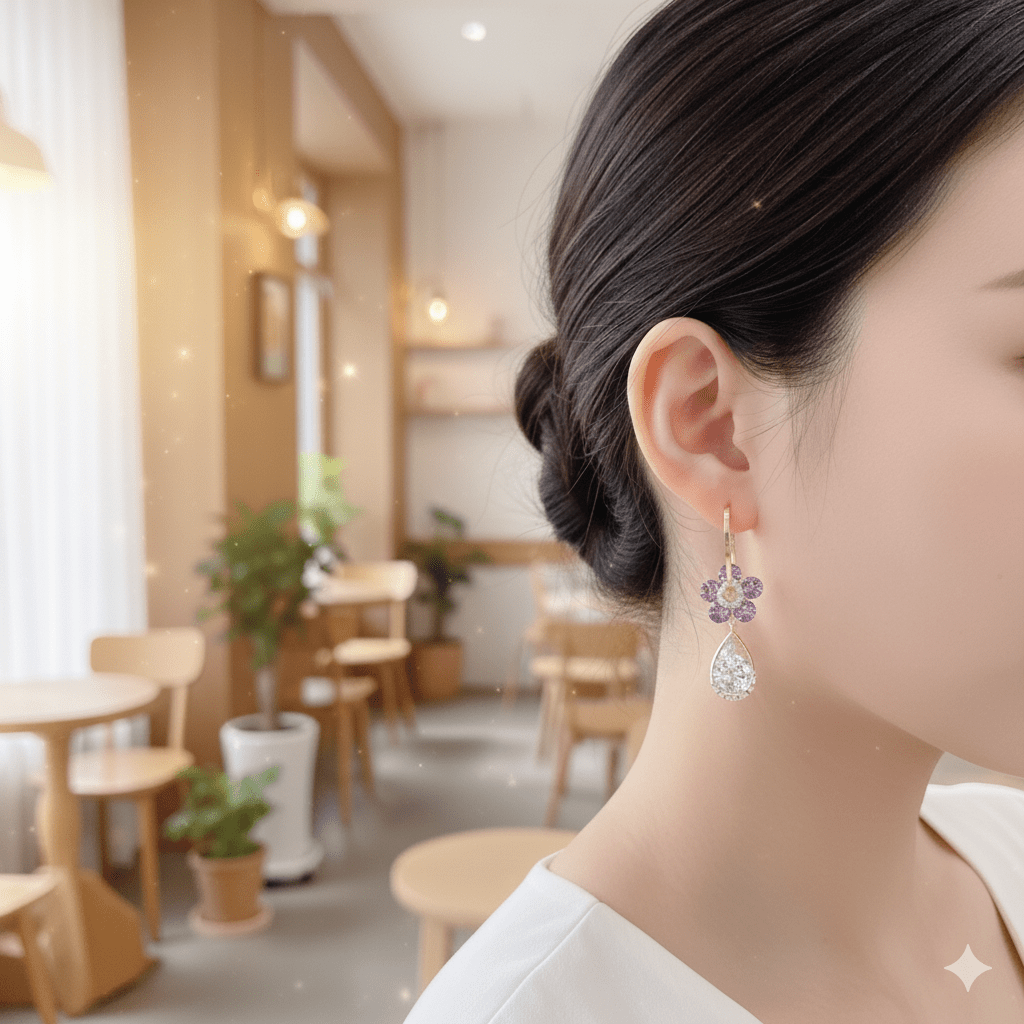 Purple Crystal Flower Drop Earrings - Gold Tone Dangle - Ayat'e Jewels