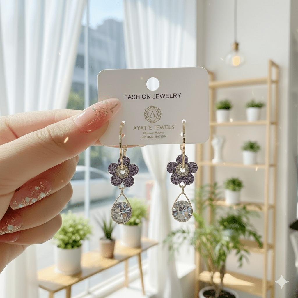 Purple Crystal Flower Drop Earrings - Gold Tone Dangle - Ayat'e Jewels