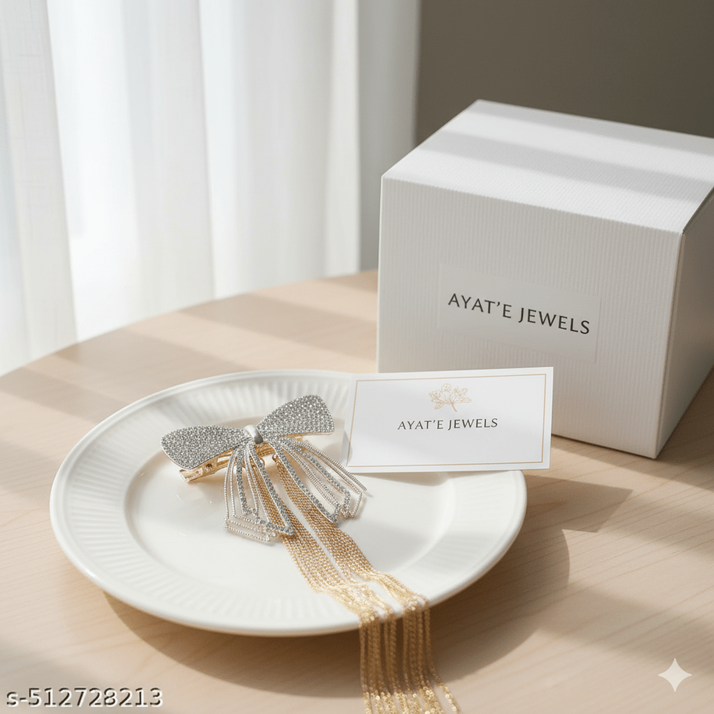 Rhinestone Bow Hair Clip with Gold Tassels - Ayat'e Jewels