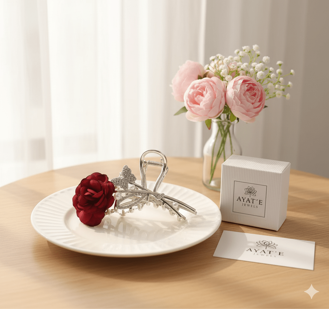 Silver Rose Flower Hair Claw Clip with Rhinestones - Ayat'e Jewels