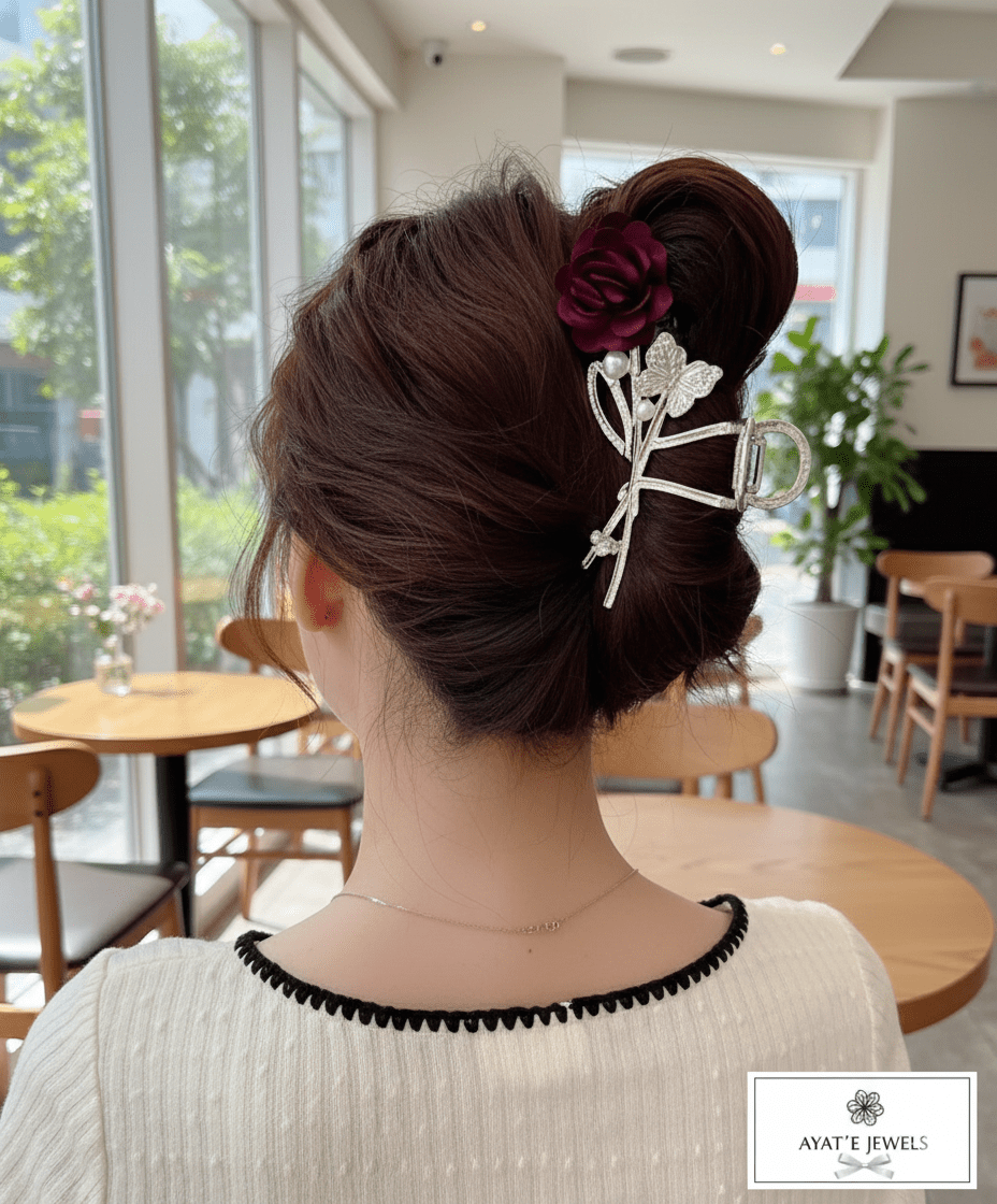 Silver Rose Flower Hair Claw Clip with Rhinestones - Ayat'e Jewels