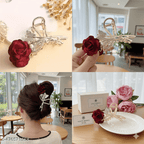 Silver Rose Flower Hair Claw Clip with Rhinestones - Ayat'e Jewels