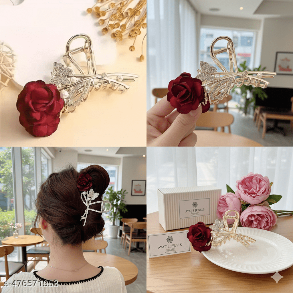 Silver Rose Flower Hair Claw Clip with Rhinestones - Ayat'e Jewels